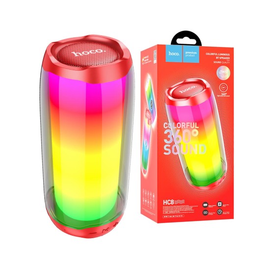 Coluna Sem Fio Luminoso 360° Hoco HC8 Pulsating com AUX/FM/USB BT 1800mAh Vermelho